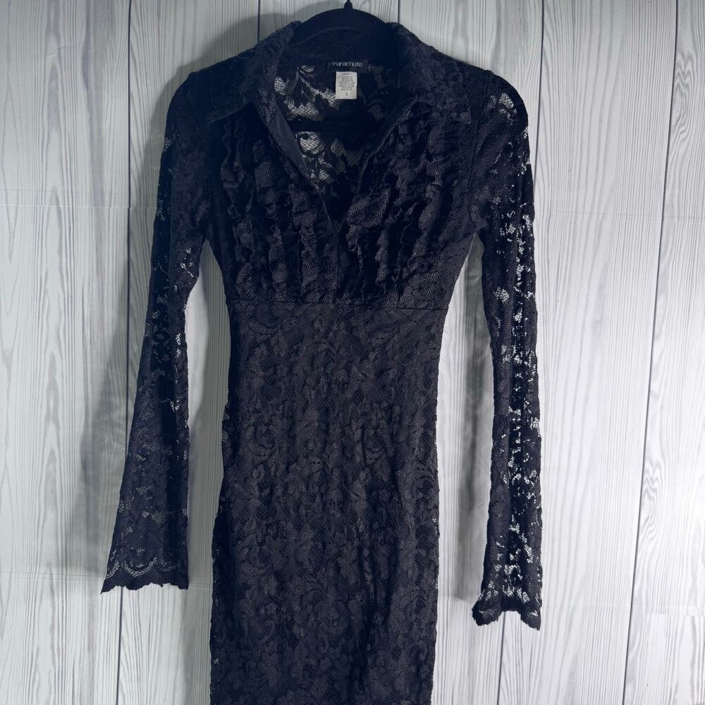 Vintage 80s 90s Black Lace Fitted Dress Small Flare Sleeve USA Goth Whimsy goth